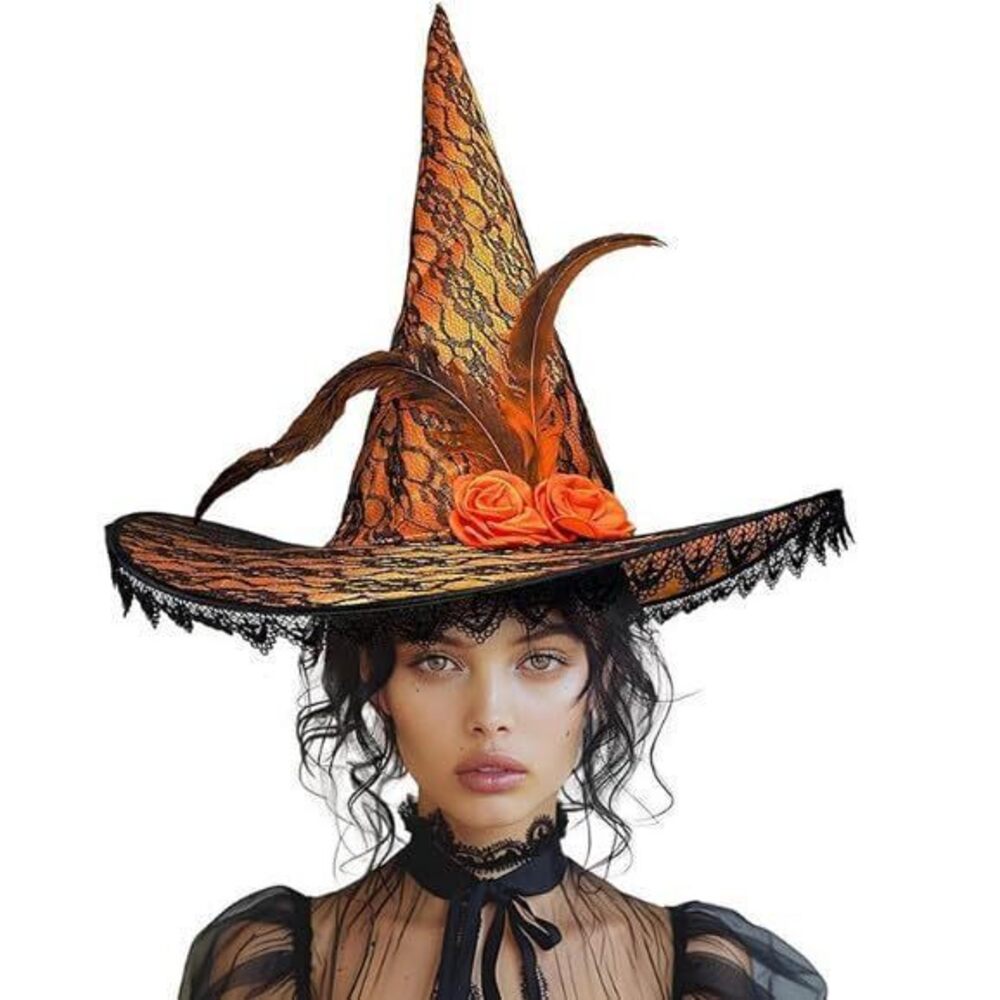 9781 Halloween Embroidery Witch Hat with Flowers, Masquerade Party Carnival